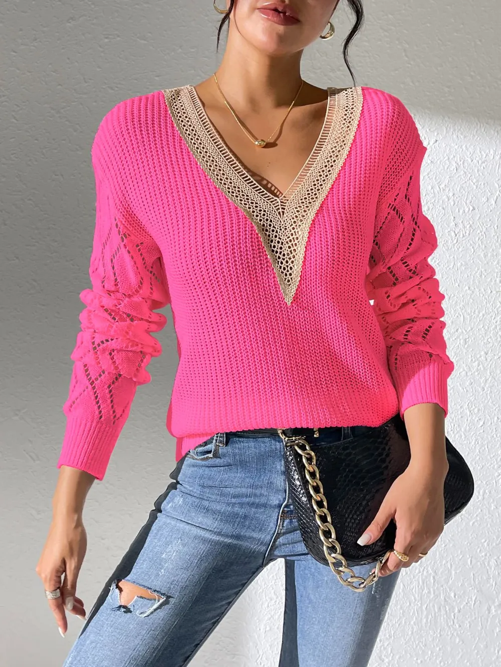 Openwork V-Neck Long Sleeve Sweater - Image 18