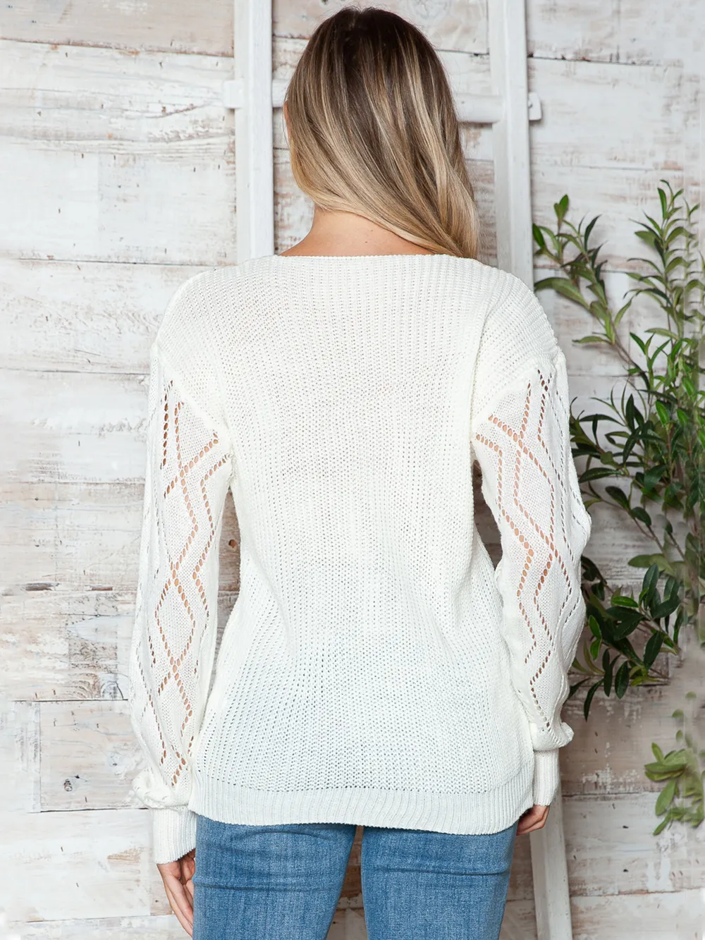 Openwork V-Neck Long Sleeve Sweater - Image 2