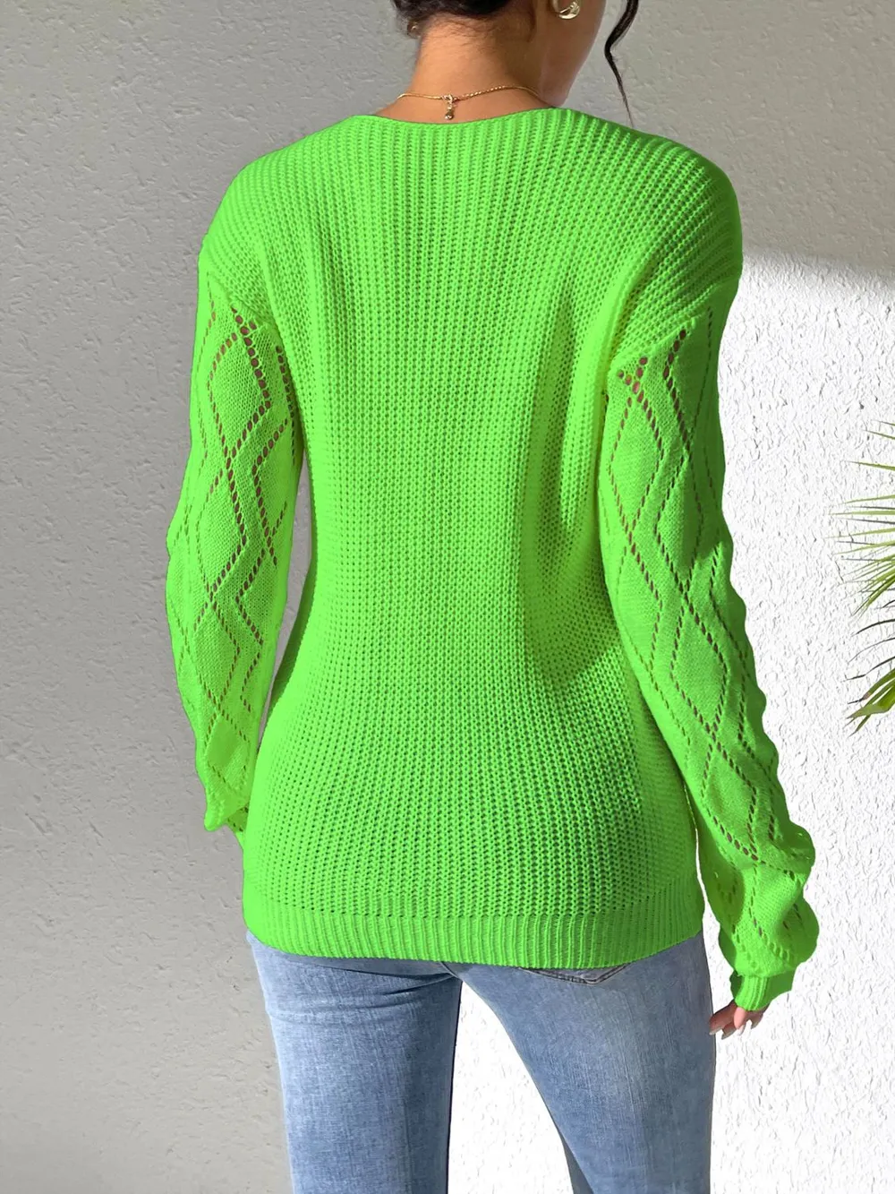 Openwork V-Neck Long Sleeve Sweater - Image 20