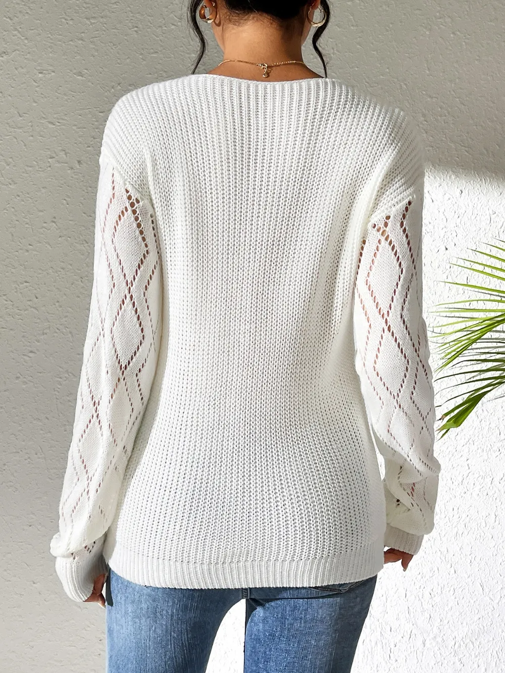 Openwork V-Neck Long Sleeve Sweater - Image 8