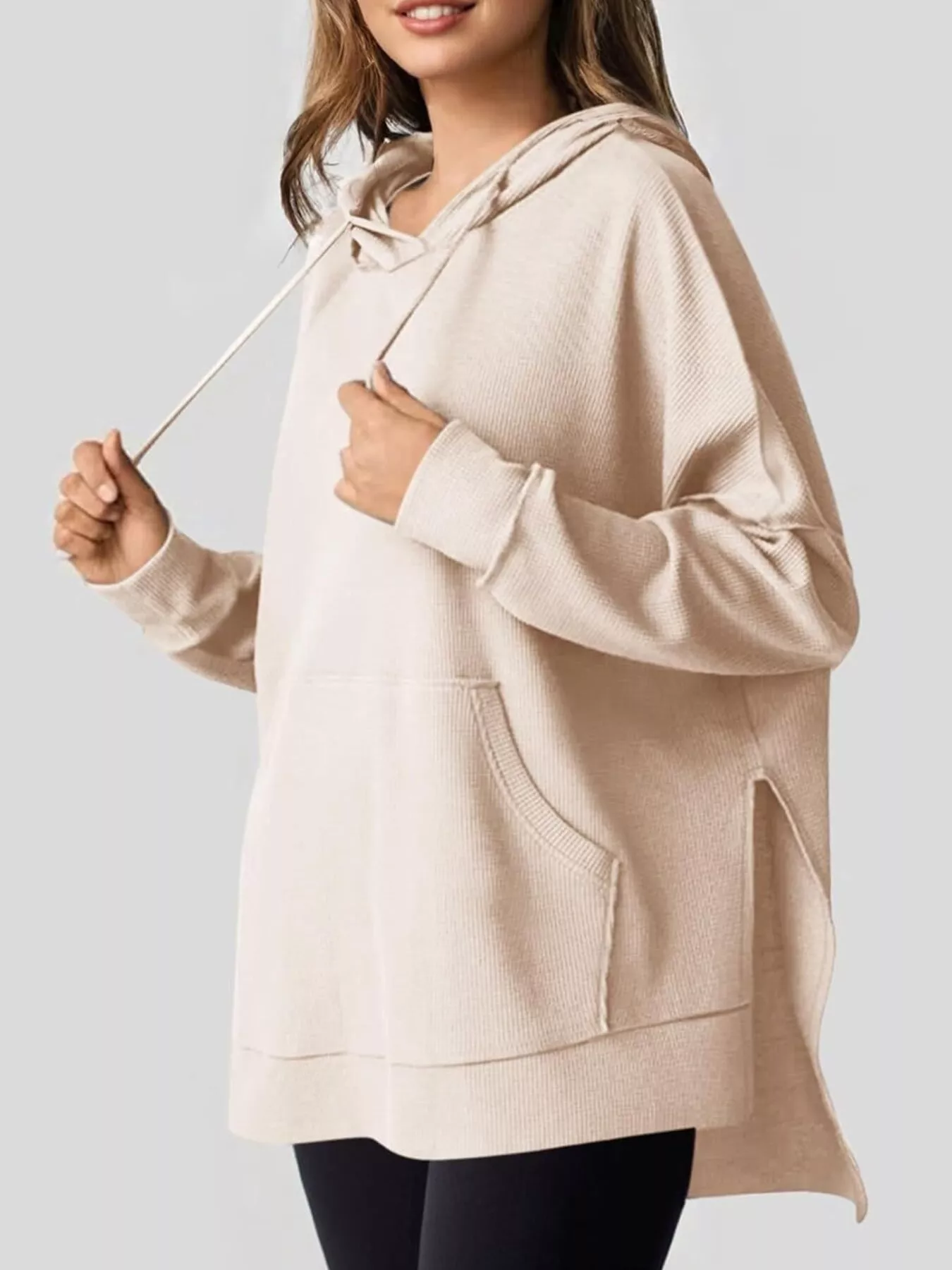 Oversized Drawstring Side Slit Hoodie - Image 4