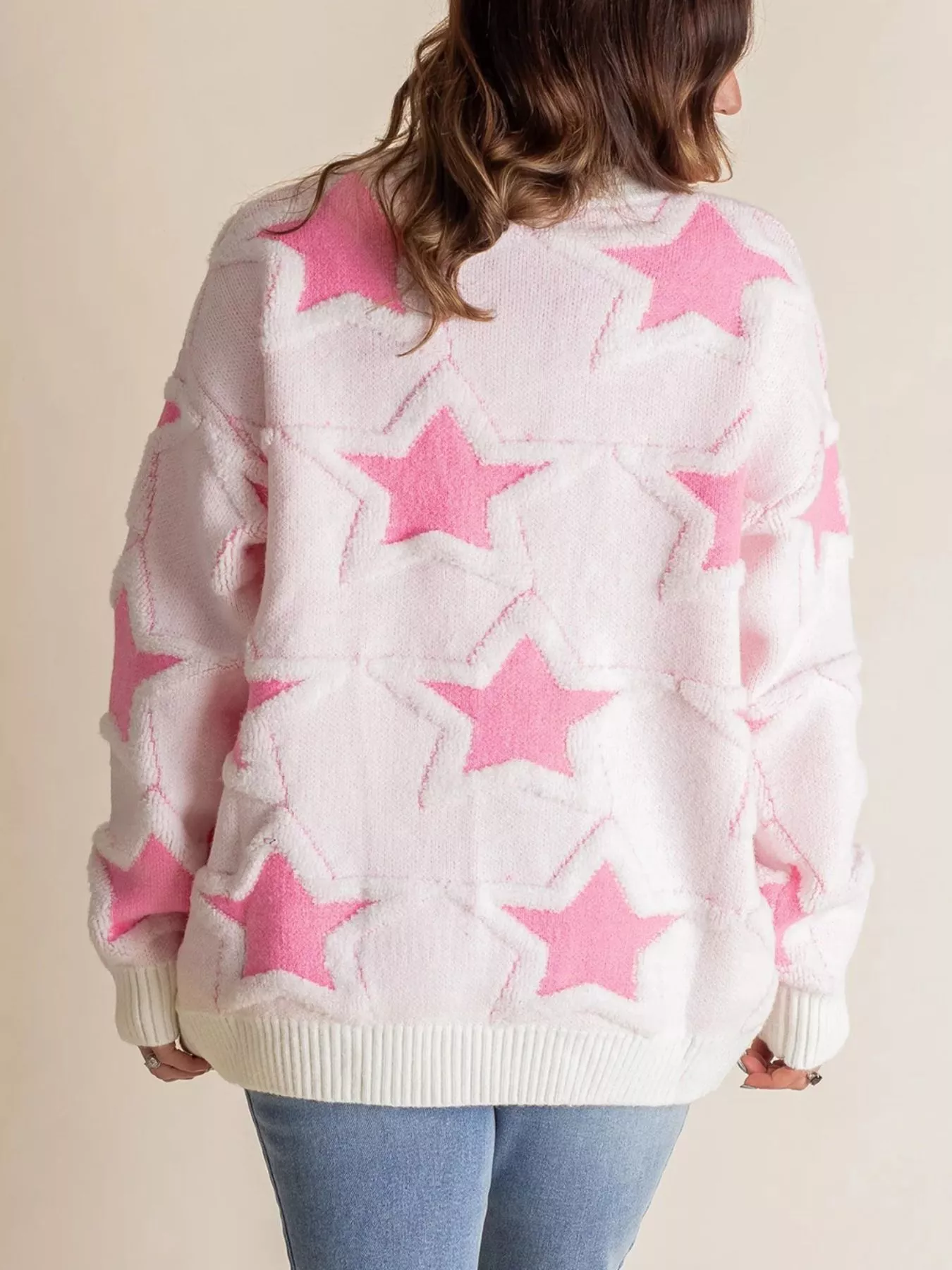 Oversized Star Pattern Ribbed Edge Drop Shoulder Sweater - Image 2