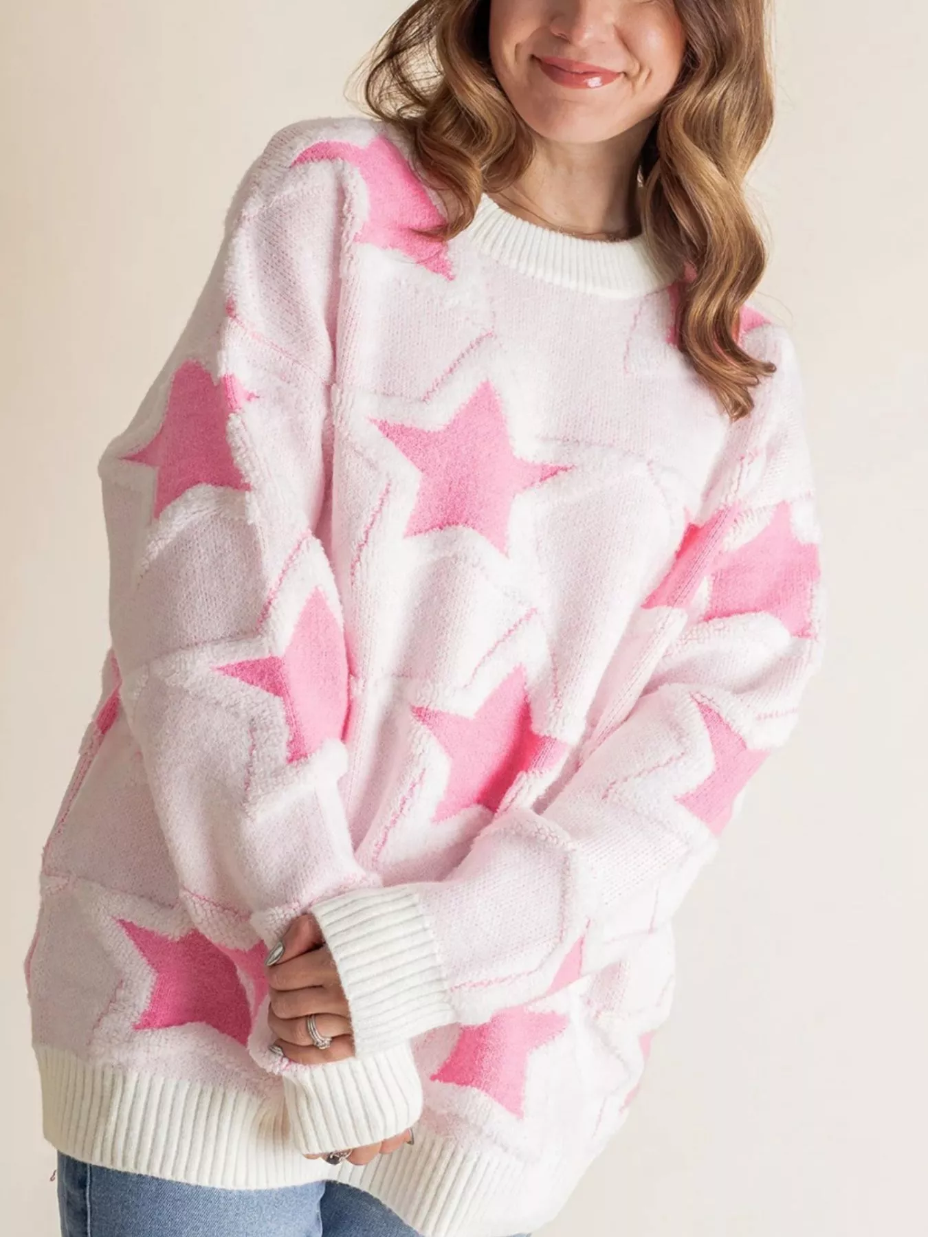 Oversized Star Pattern Ribbed Edge Drop Shoulder Sweater - Image 3