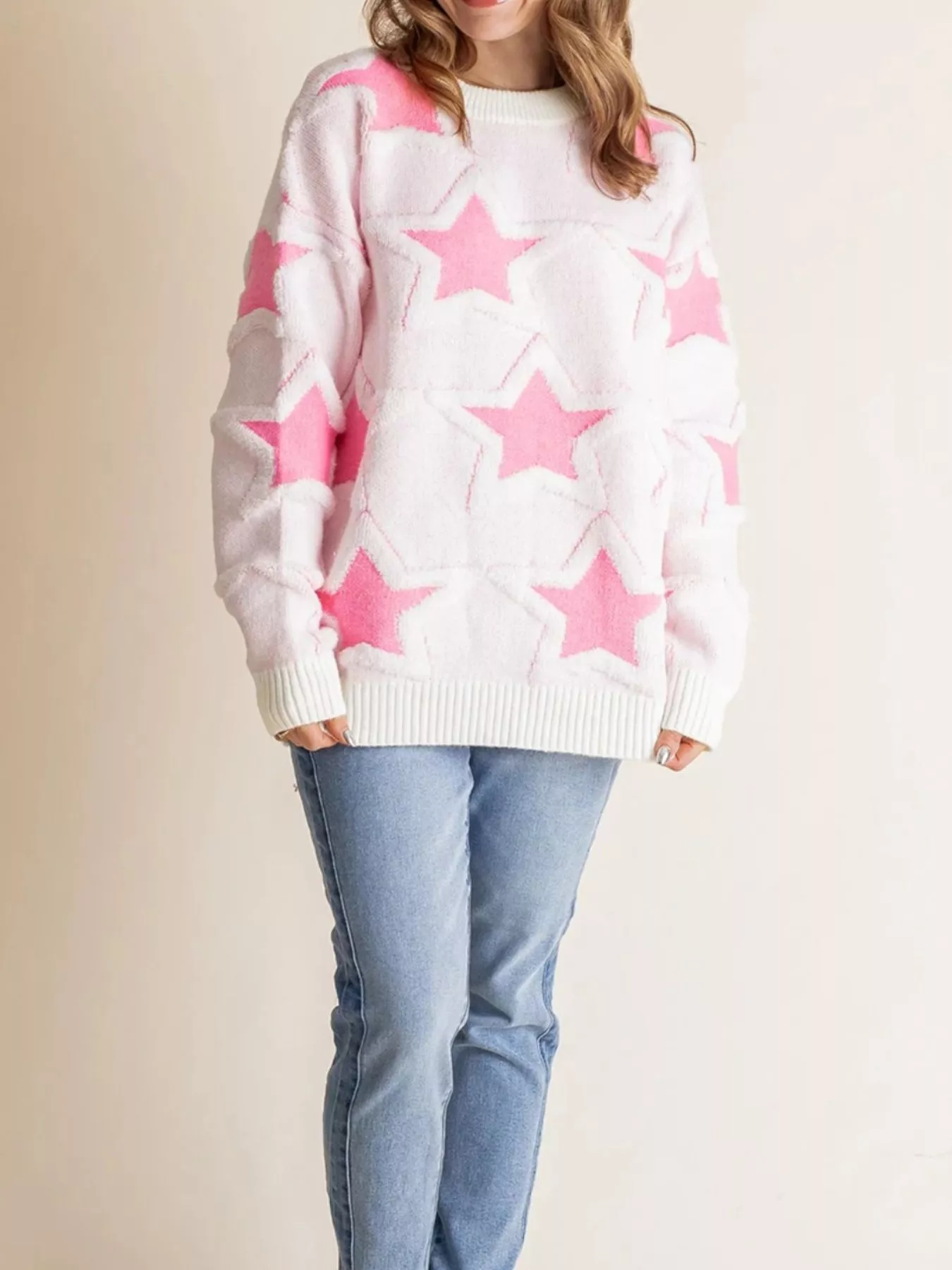 Oversized Star Pattern Ribbed Edge Drop Shoulder Sweater - Image 4