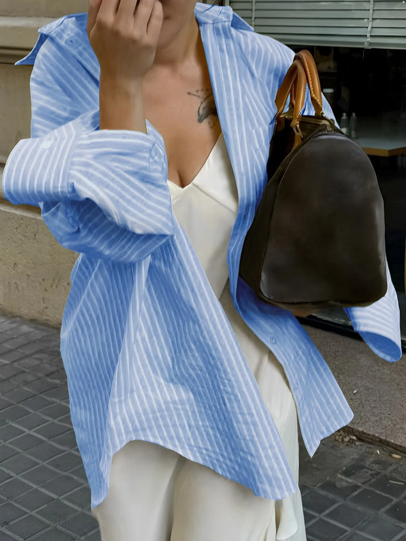 Oversized Striped Button-Down Shirt - Image 7