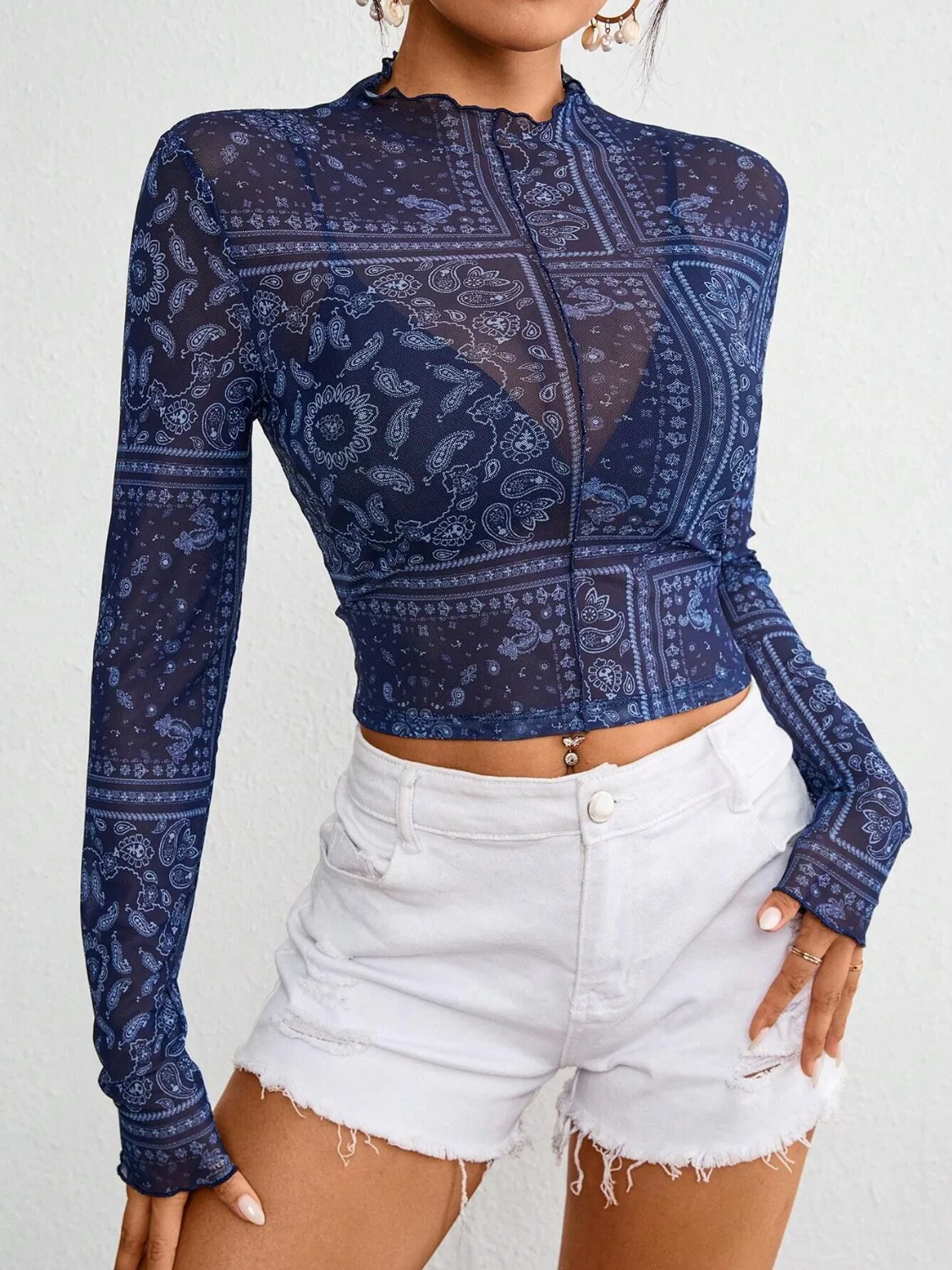 Paisley Mock Neck Long Sleeve Sheer Top - Image 2
