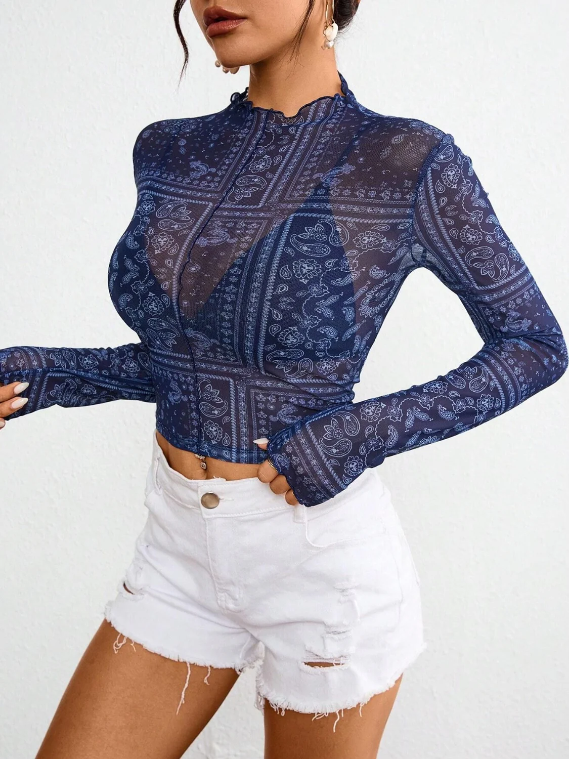 Paisley Mock Neck Long Sleeve Sheer Top - Image 5
