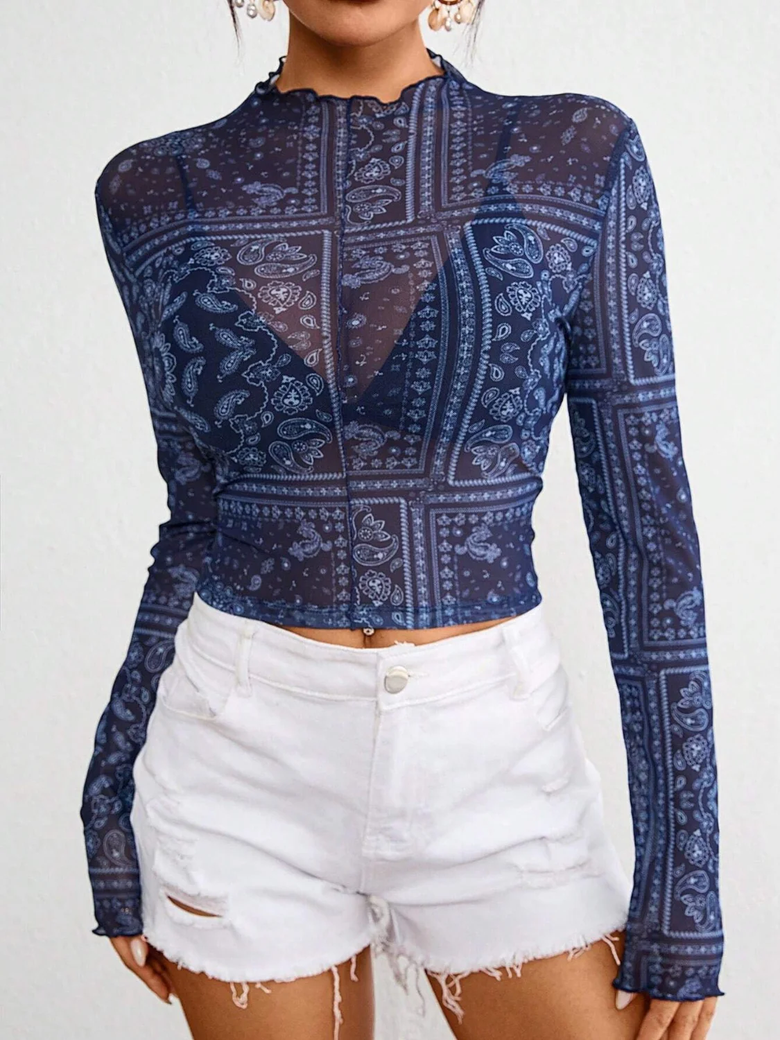 Paisley Mock Neck Long Sleeve Sheer Top - Image 6