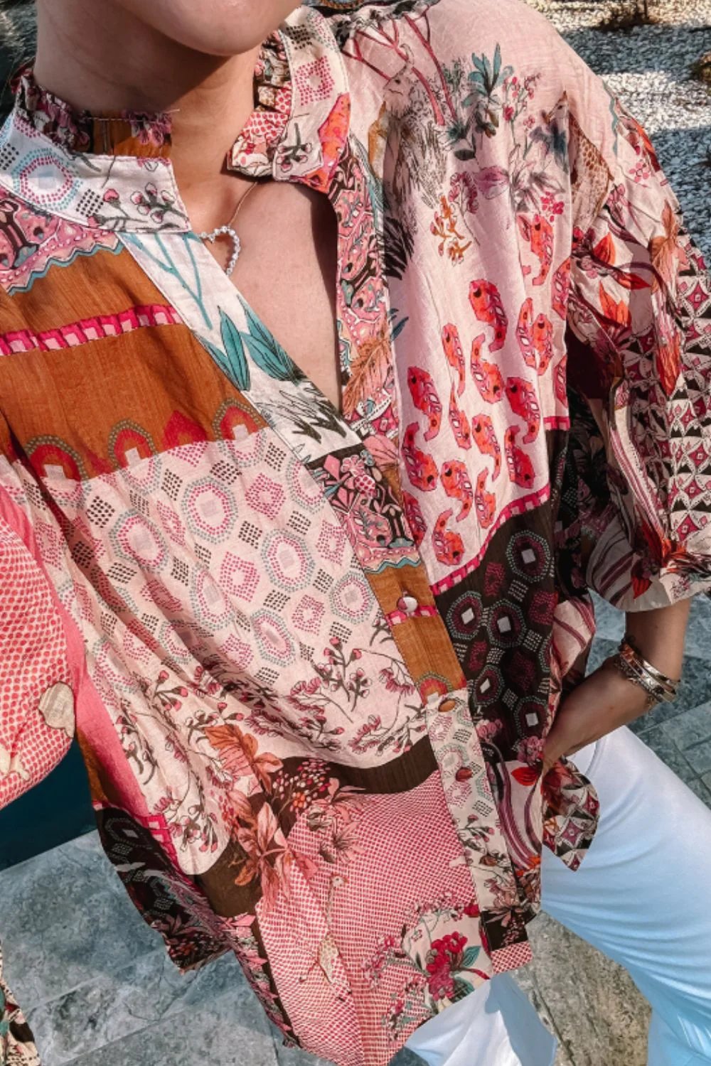 Patchwork Printed Notched Flounce Sleeve Shirt - Image 2
