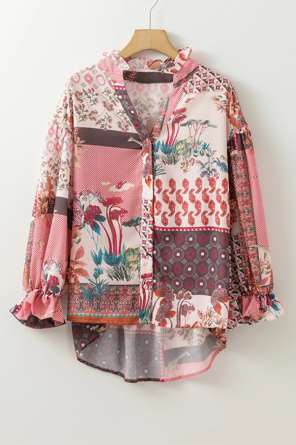 Patchwork Printed Notched Flounce Sleeve Shirt - Image 3