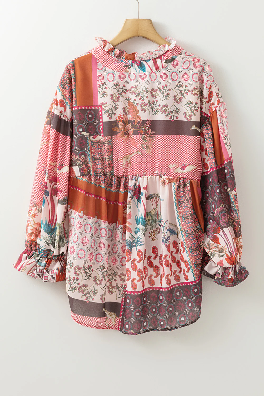 Patchwork Printed Notched Flounce Sleeve Shirt - Image 4
