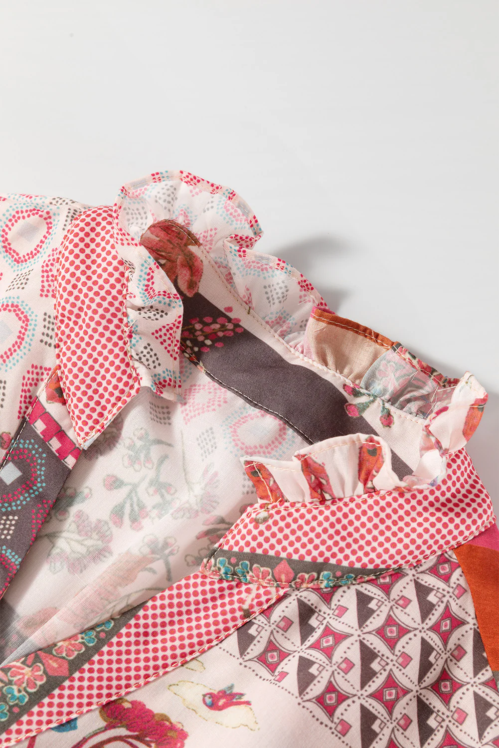 Patchwork Printed Notched Flounce Sleeve Shirt - Image 5