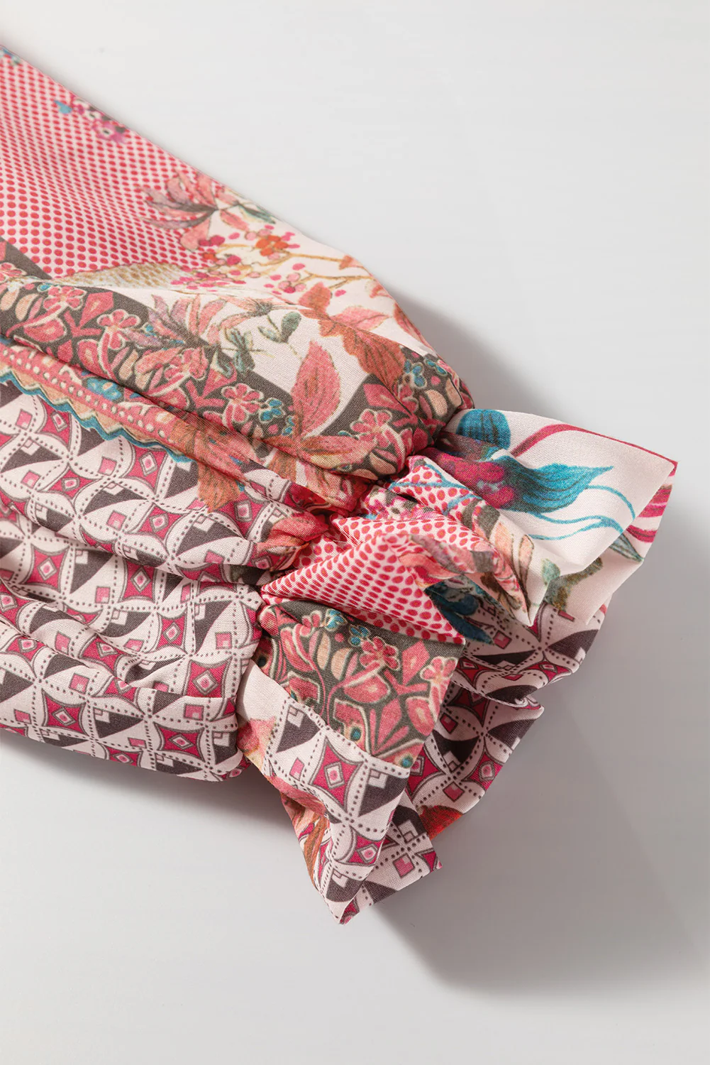 Patchwork Printed Notched Flounce Sleeve Shirt - Image 6