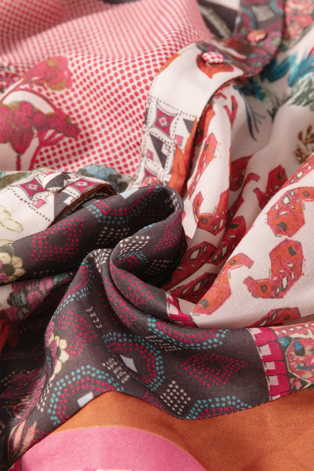 Patchwork Printed Notched Flounce Sleeve Shirt - Image 7