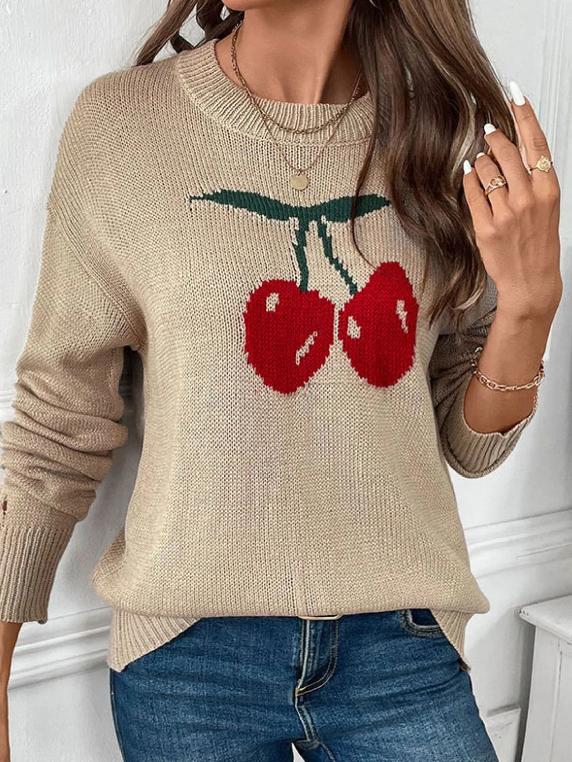 Perfee Cherry Round Neck Long Sleeve Sweater - Image 5