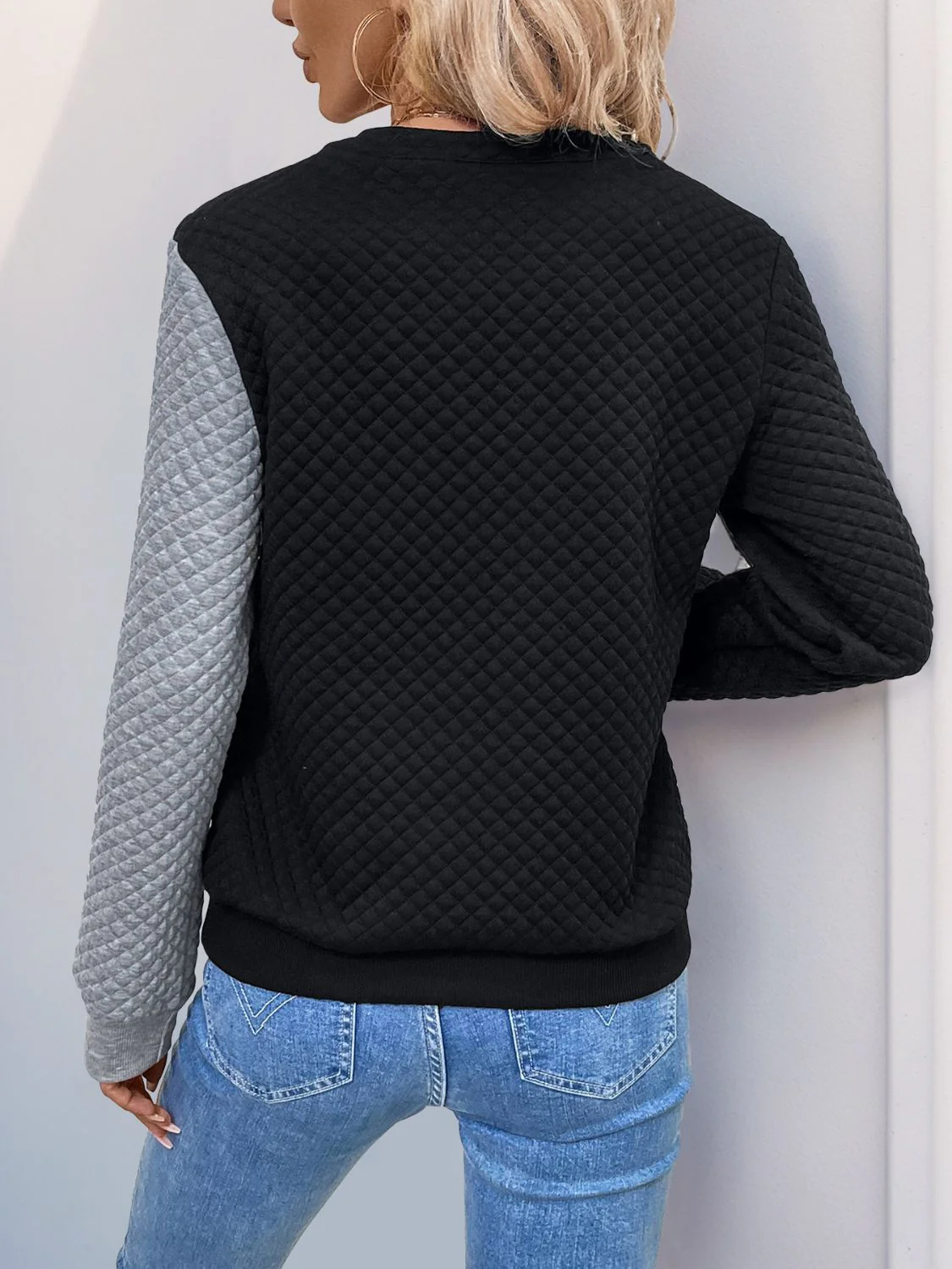 Perfee Decorative Button Contrast Long Sleeve Sweatshirt - Image 2