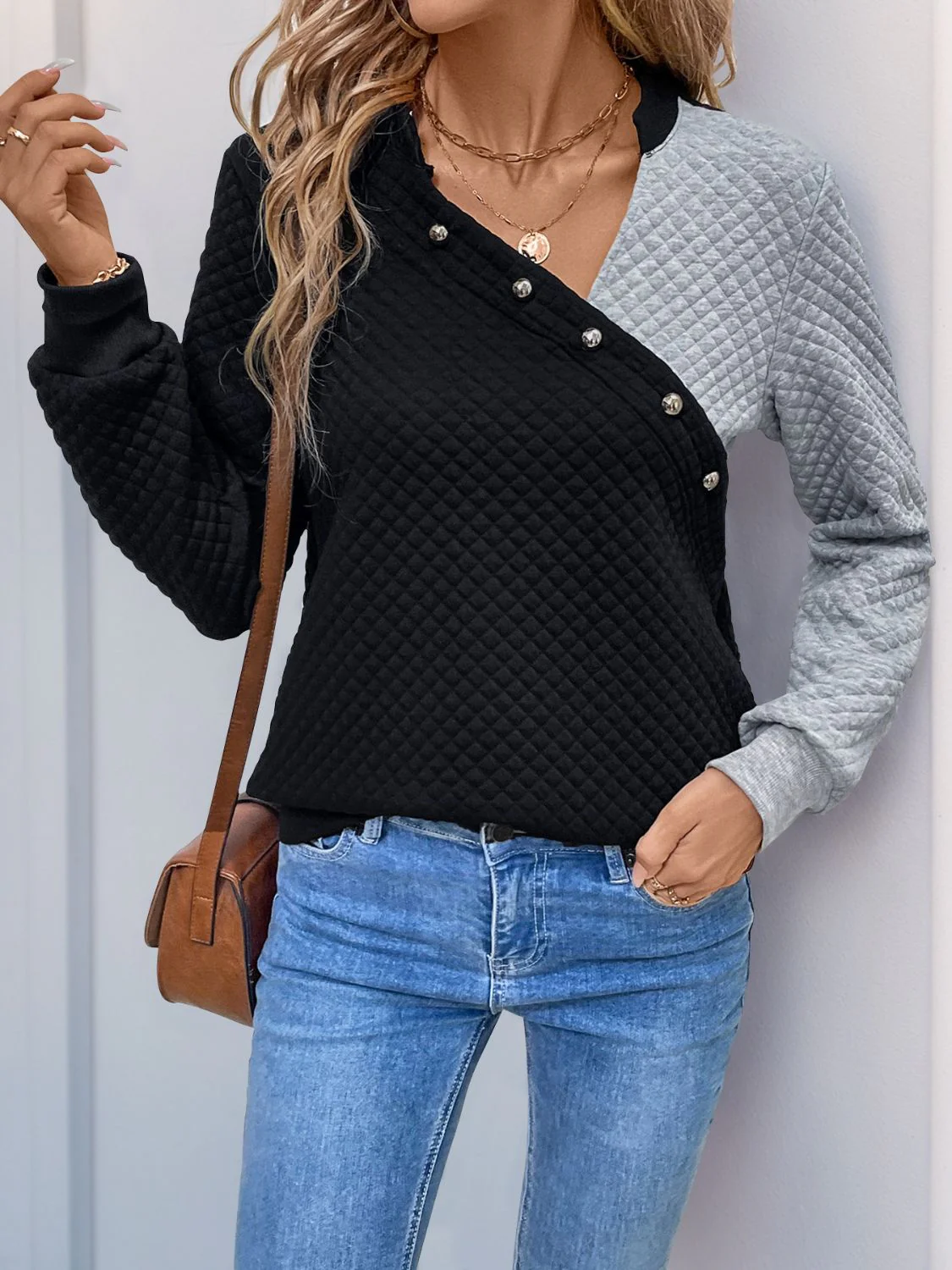 Perfee Decorative Button Contrast Long Sleeve Sweatshirt - Image 4