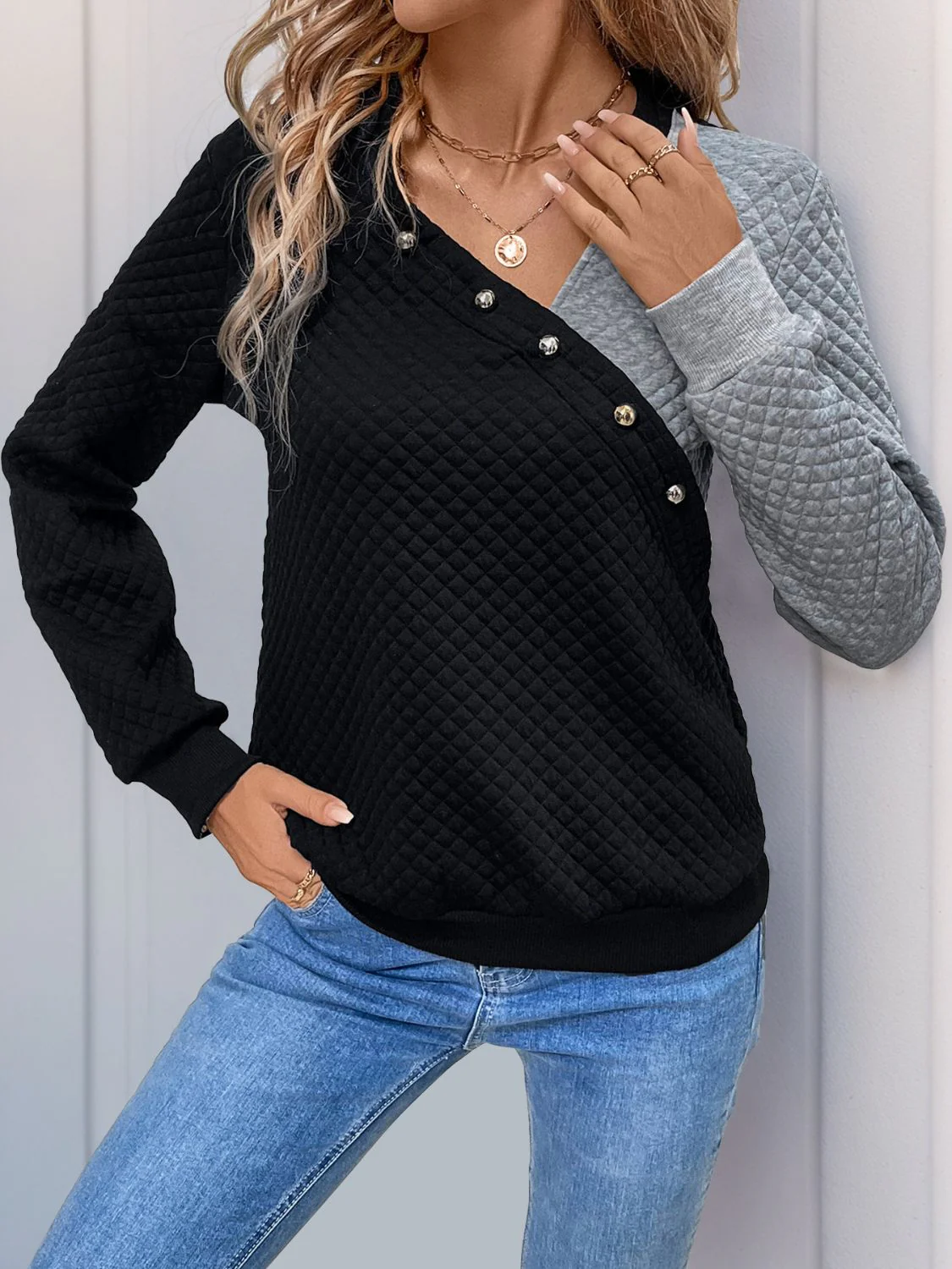 Perfee Decorative Button Contrast Long Sleeve Sweatshirt - Image 5