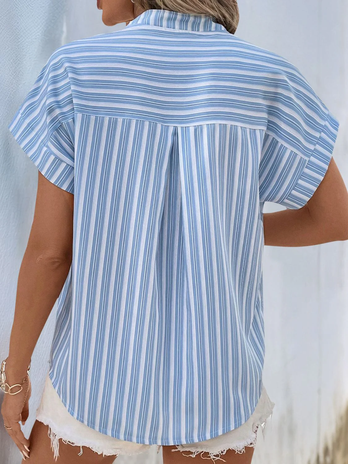 Perfee Half Button Striped Short Sleeve Blouse - Image 2