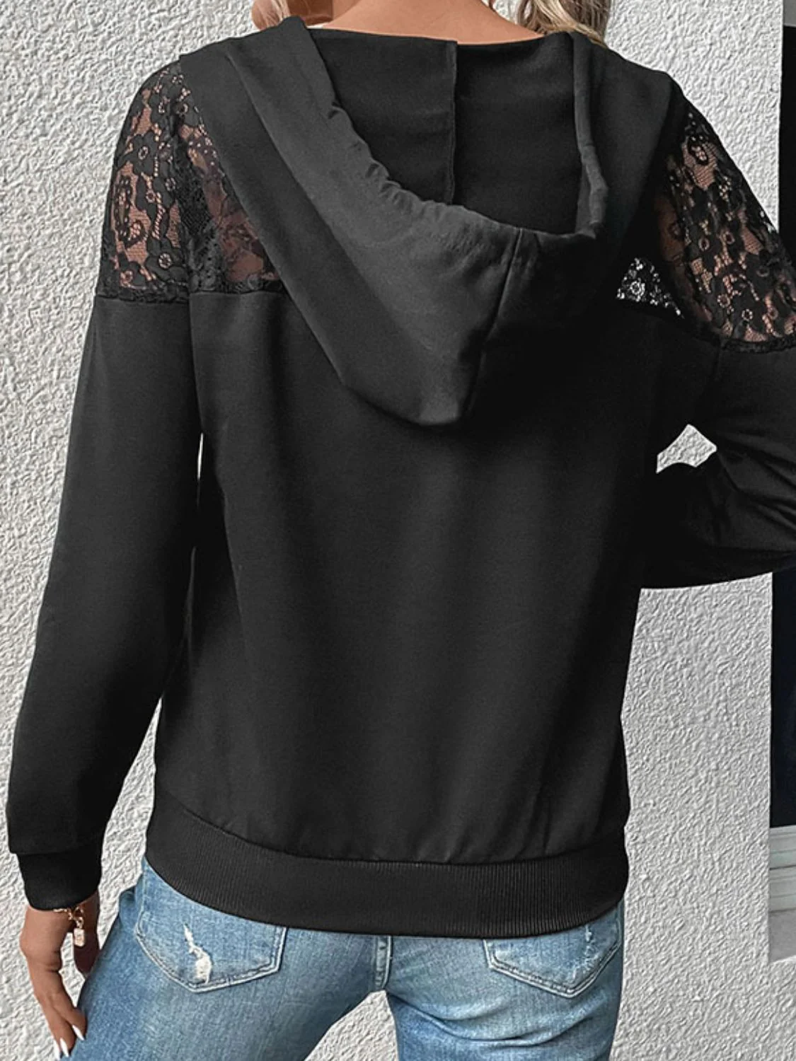 Perfee Lace Trim Dropped Shoulder Hoodie - Image 2