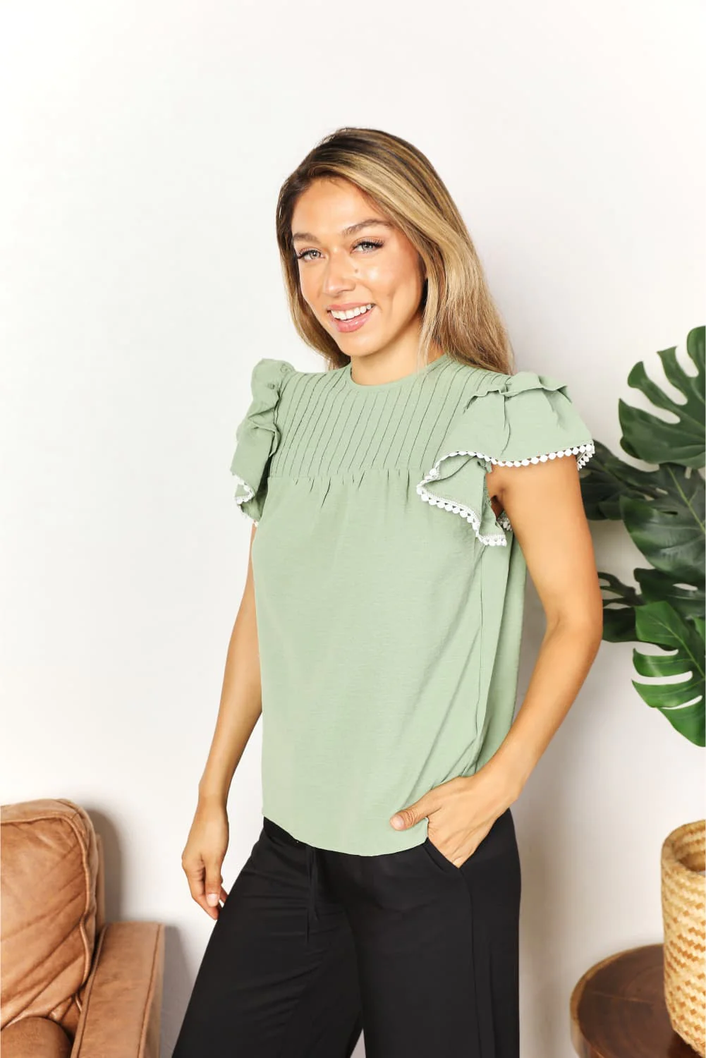 Perfee Pleated Detail Flutter Sleeve Blouse - Image 3