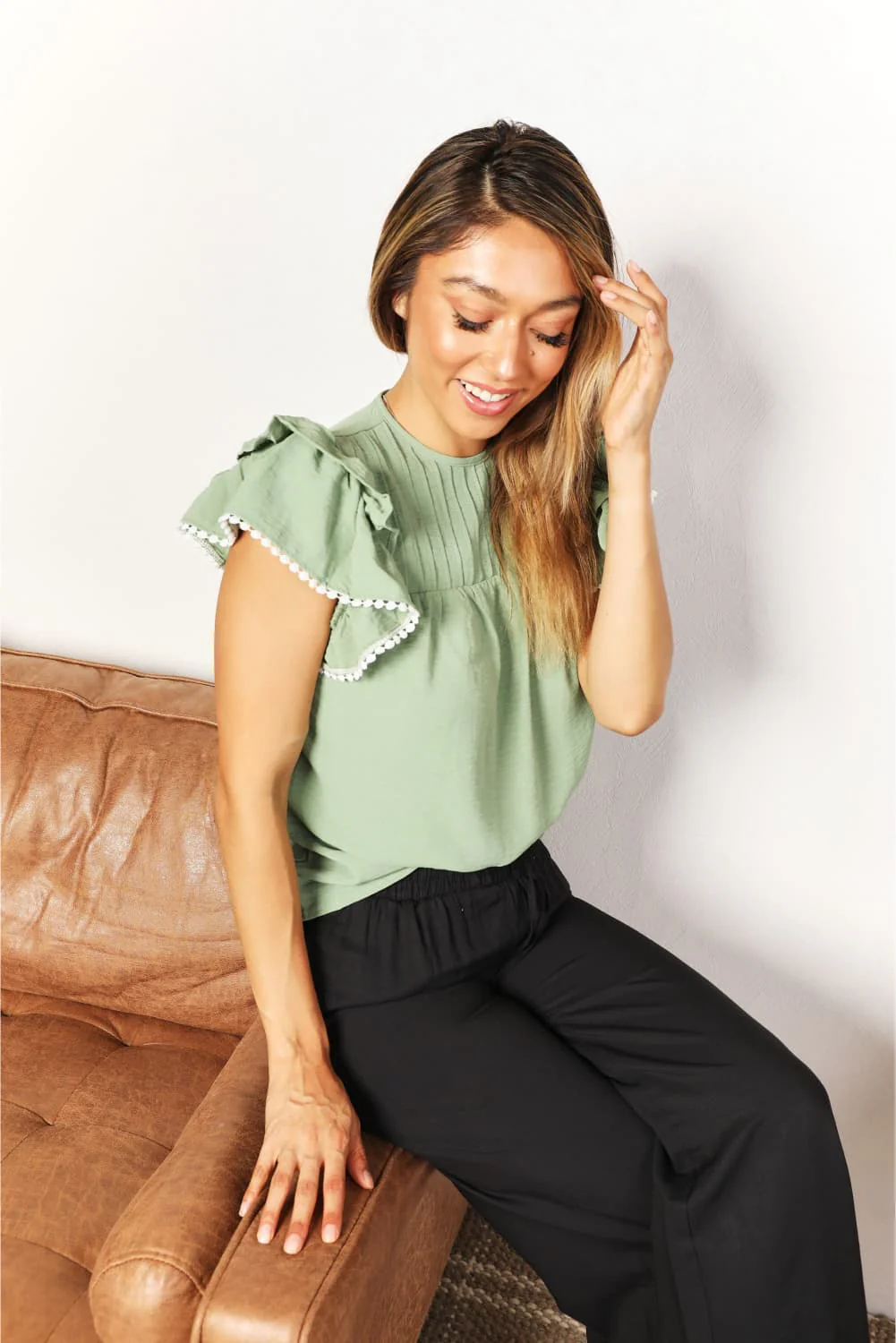 Perfee Pleated Detail Flutter Sleeve Blouse - Image 4