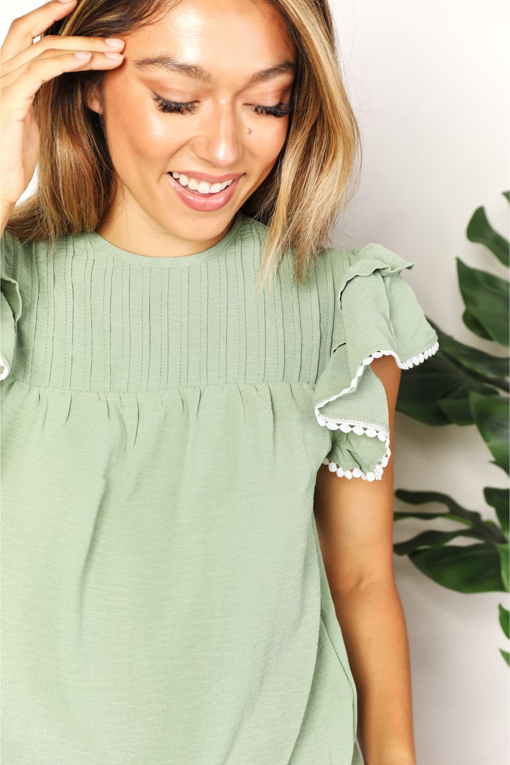 Perfee Pleated Detail Flutter Sleeve Blouse - Image 6
