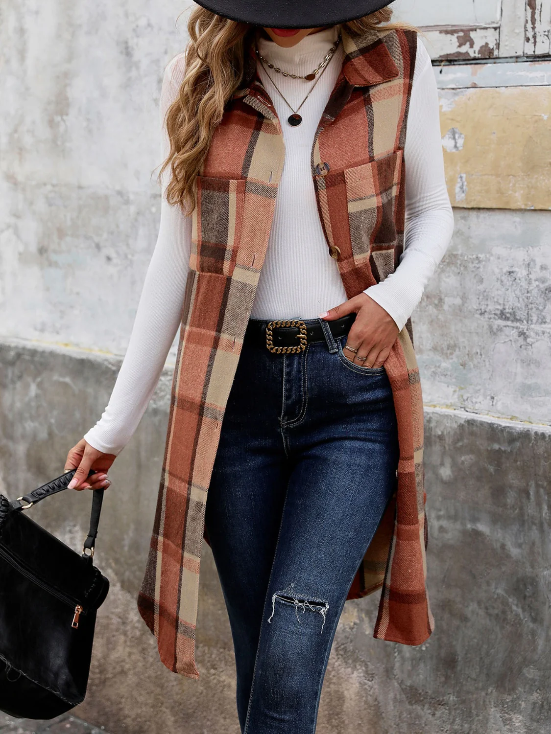 Perfee Pocketed Button Up Plaid Vest - Image 3