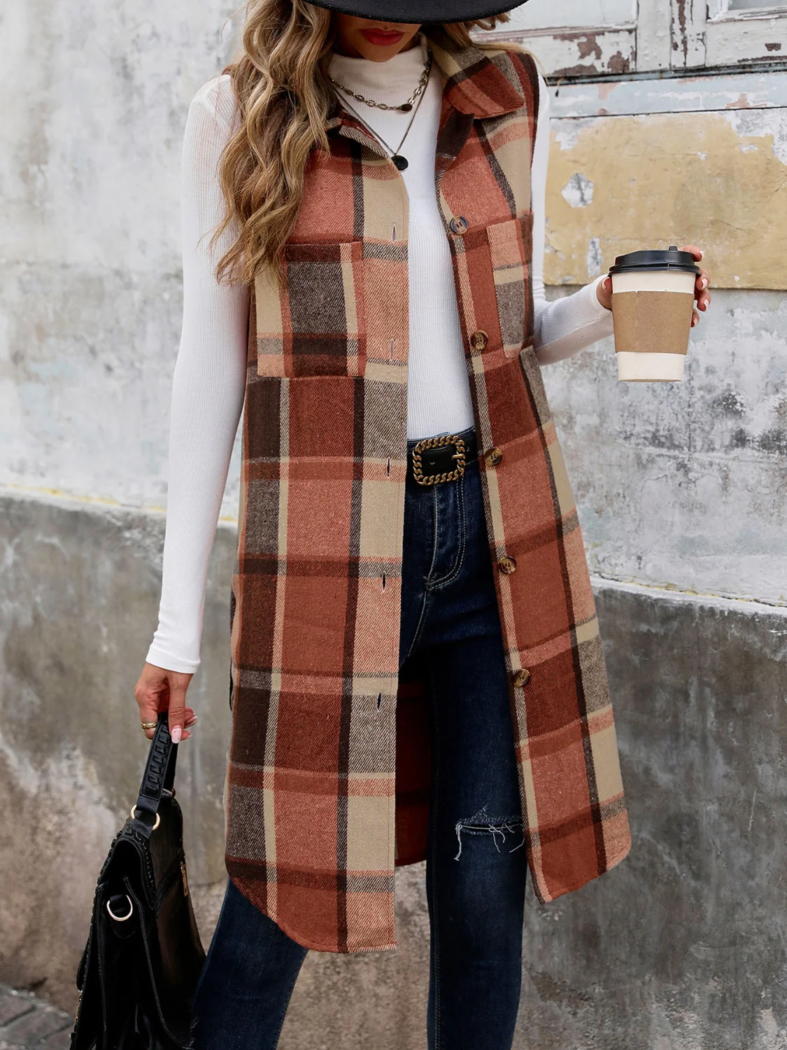 Perfee Pocketed Button Up Plaid Vest - Image 4