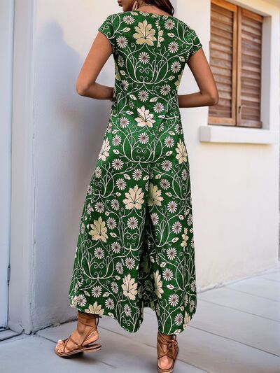 Perfee Printed Round Neck Cap Sleeve Wide Leg Jumpsuit - Image 12