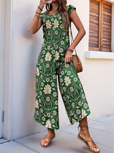 Perfee Printed Round Neck Cap Sleeve Wide Leg Jumpsuit - Image 14
