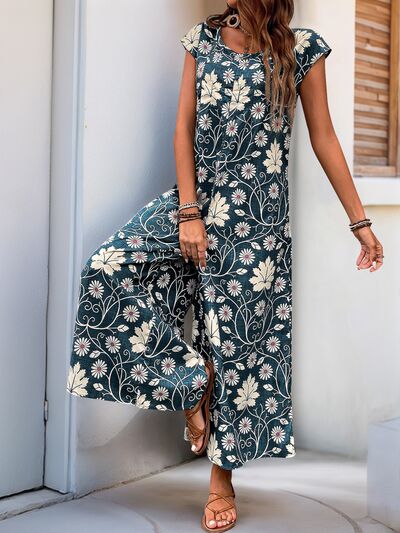 Perfee Printed Round Neck Cap Sleeve Wide Leg Jumpsuit - Image 16