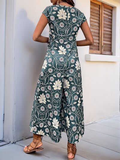 Perfee Printed Round Neck Cap Sleeve Wide Leg Jumpsuit - Image 17