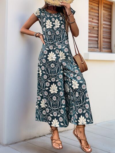 Perfee Printed Round Neck Cap Sleeve Wide Leg Jumpsuit - Image 18