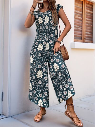 Perfee Printed Round Neck Cap Sleeve Wide Leg Jumpsuit - Image 19
