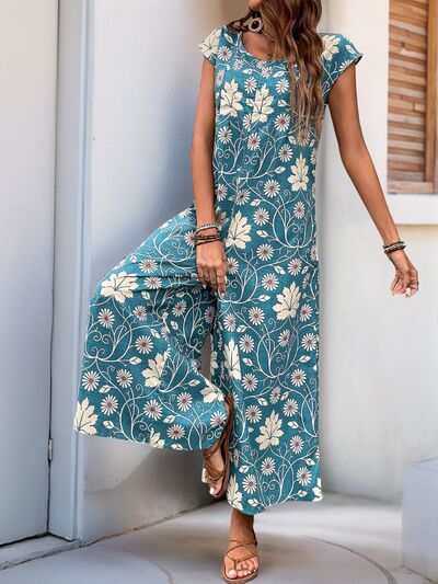 Perfee Printed Round Neck Cap Sleeve Wide Leg Jumpsuit - Image 2