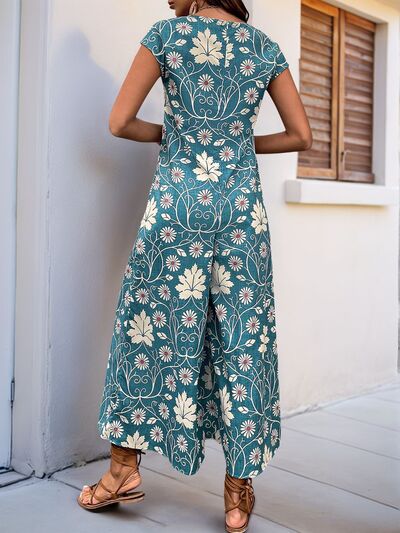 Perfee Printed Round Neck Cap Sleeve Wide Leg Jumpsuit - Image 3
