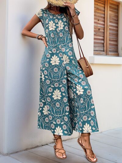 Perfee Printed Round Neck Cap Sleeve Wide Leg Jumpsuit - Image 4