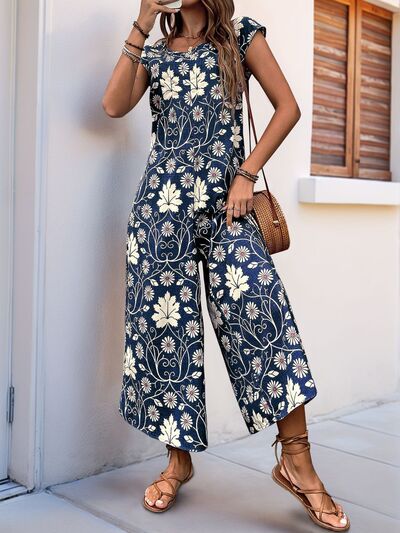 Perfee Printed Round Neck Cap Sleeve Wide Leg Jumpsuit - Image 6