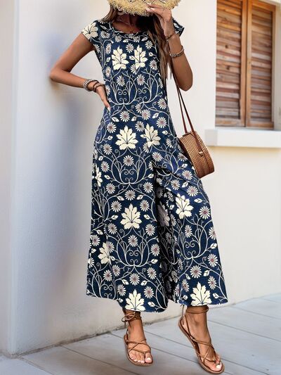 Perfee Printed Round Neck Cap Sleeve Wide Leg Jumpsuit - Image 7