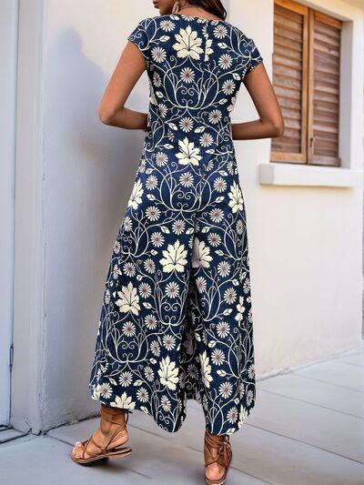 Perfee Printed Round Neck Cap Sleeve Wide Leg Jumpsuit - Image 8
