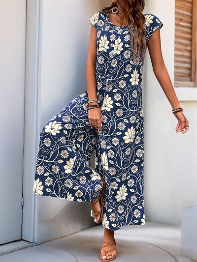 Perfee Printed Round Neck Cap Sleeve Wide Leg Jumpsuit - Image 9