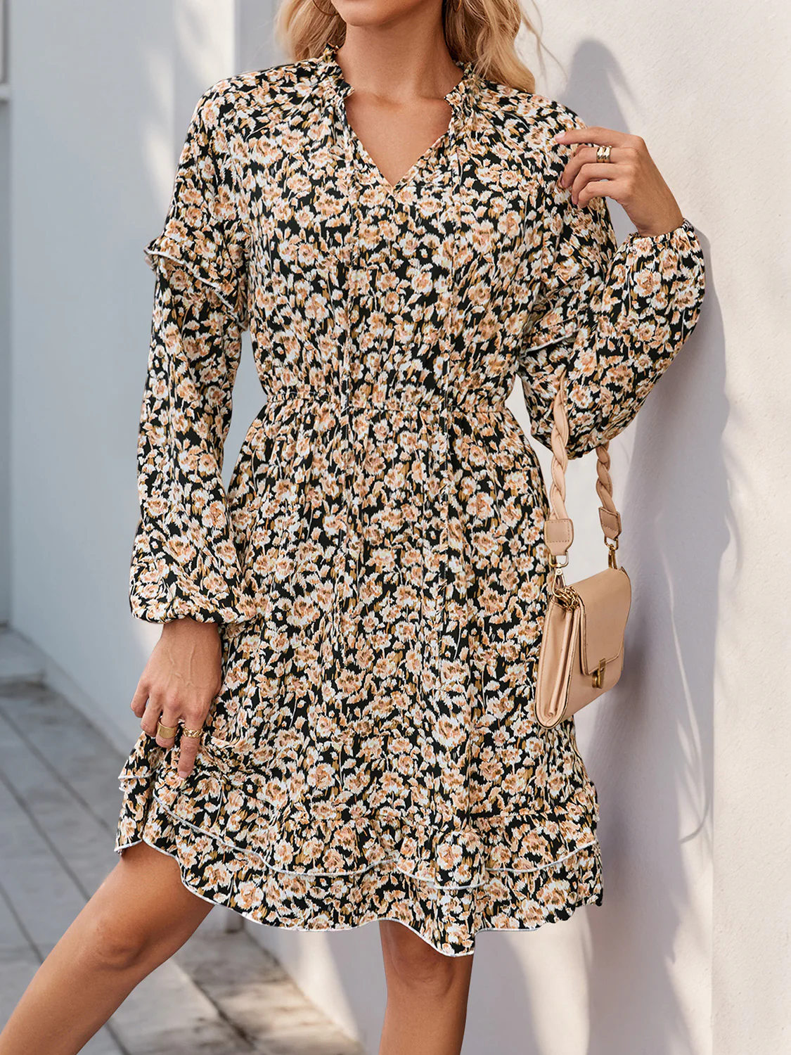 Perfee Printed Tie Neck Long Sleeve Mini Dress - Image 4