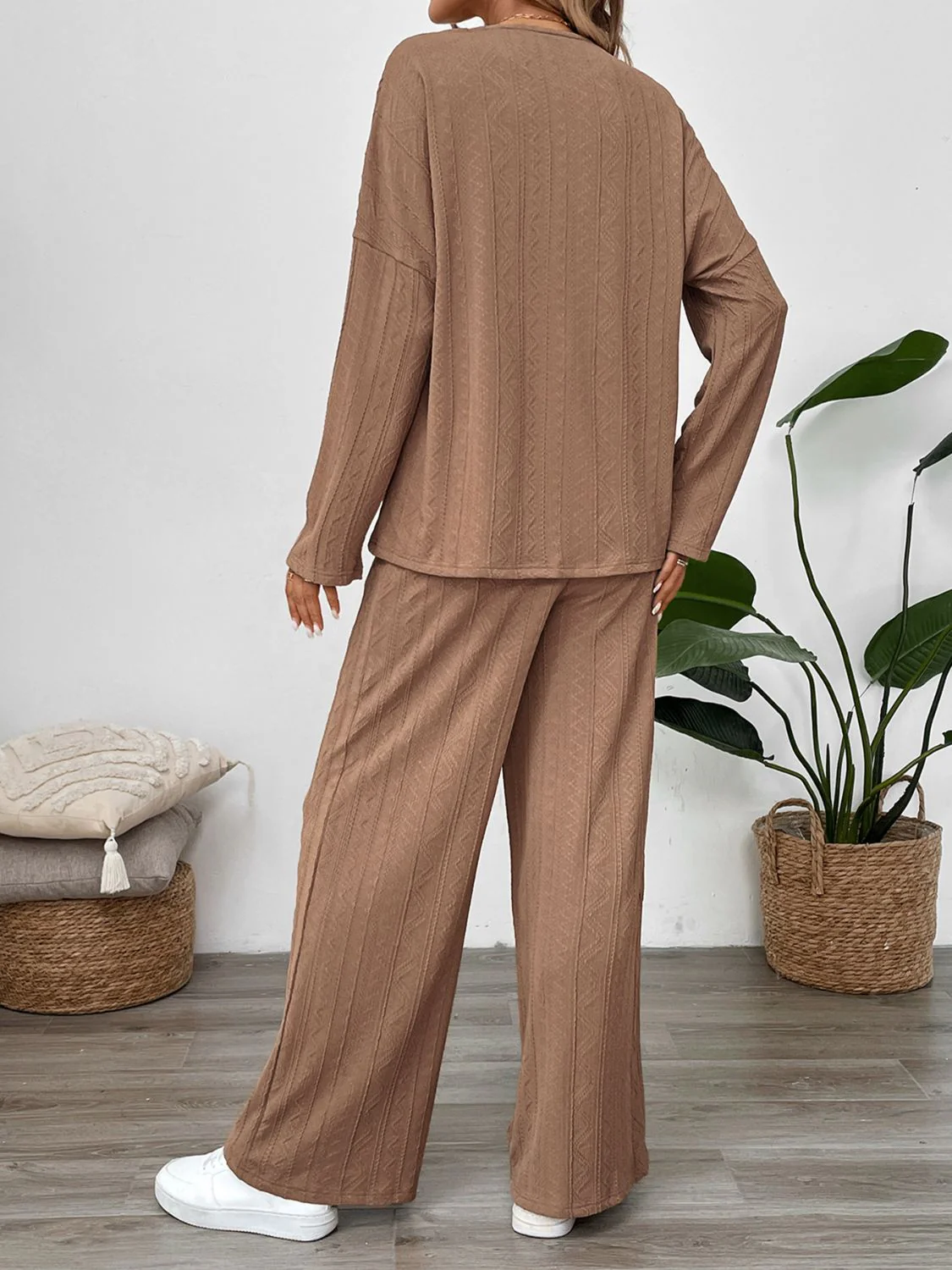 Perfee Quarter Button Long Sleeve Top and Pants Set - Image 2
