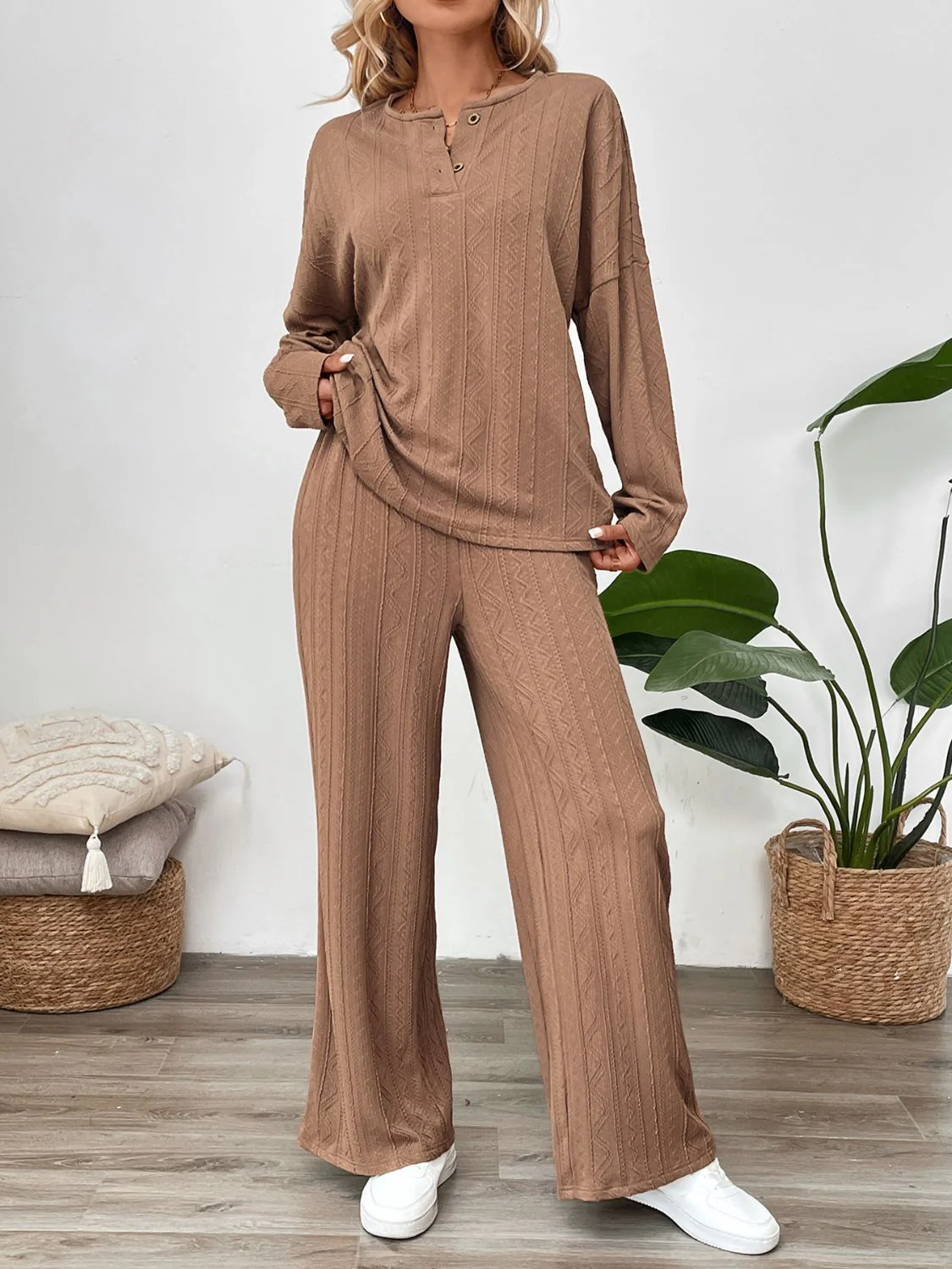 Perfee Quarter Button Long Sleeve Top and Pants Set - Image 3