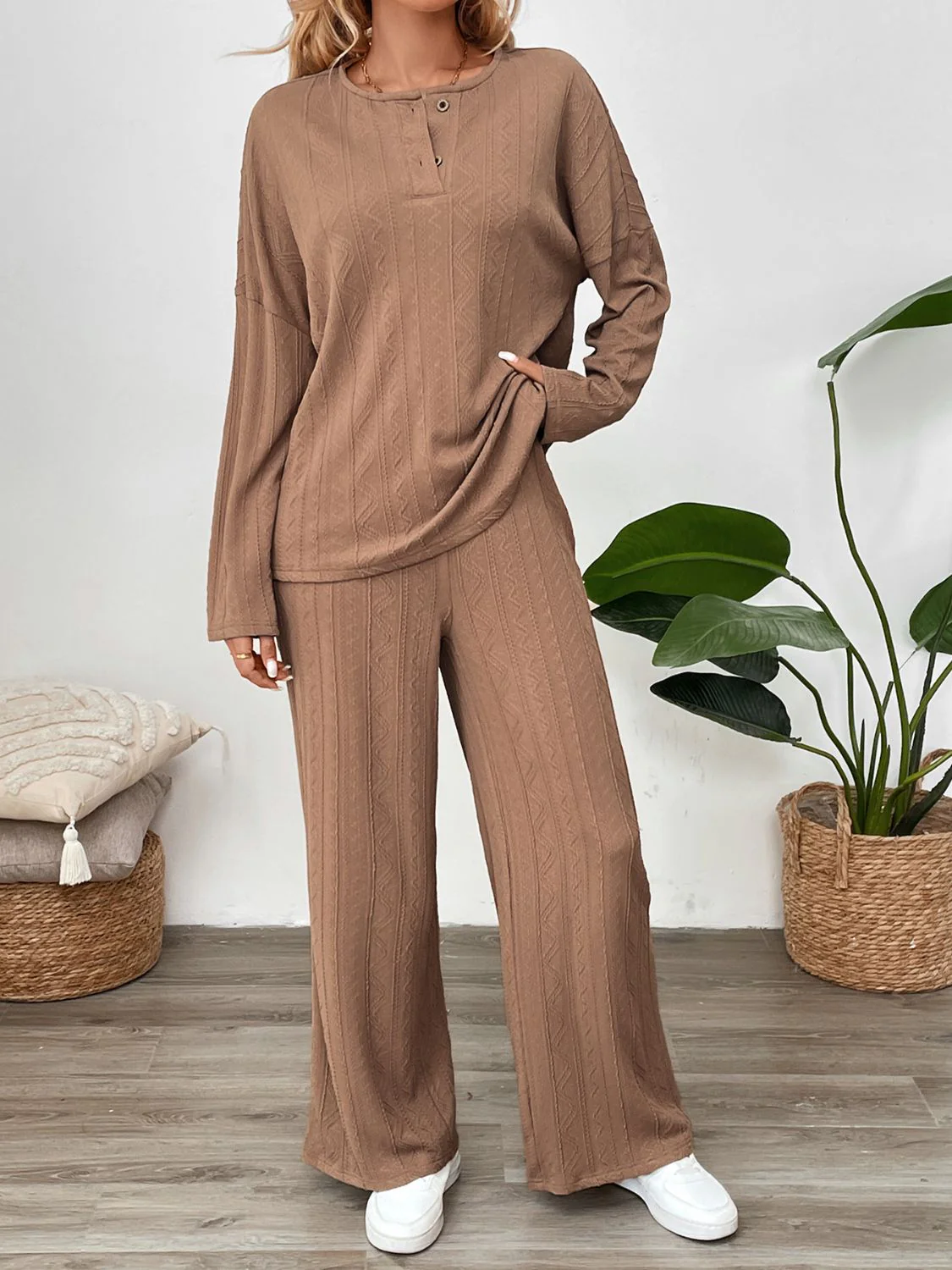 Perfee Quarter Button Long Sleeve Top and Pants Set - Image 4