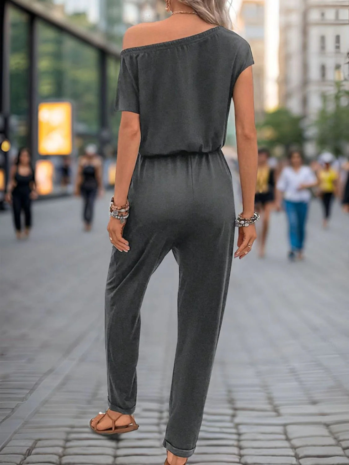 Perfee Single Shoulder Short Sleeve Jumpsuit - Image 3