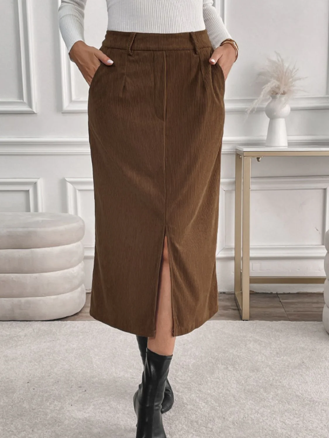 Perfee Slit Midi Skirt with Pockets - Image 3