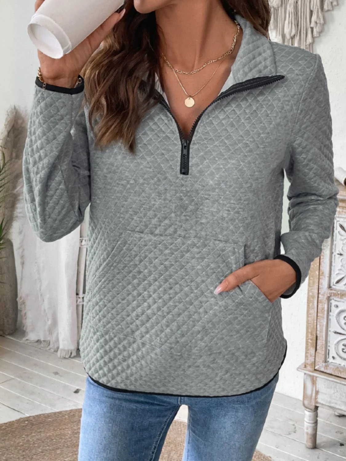 Perfee Texture Half Zip Long Sleeve Sweatshirt - Image 4