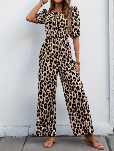 Perfee Tied Leopard Half Sleeve Jumpsuit - Image 3